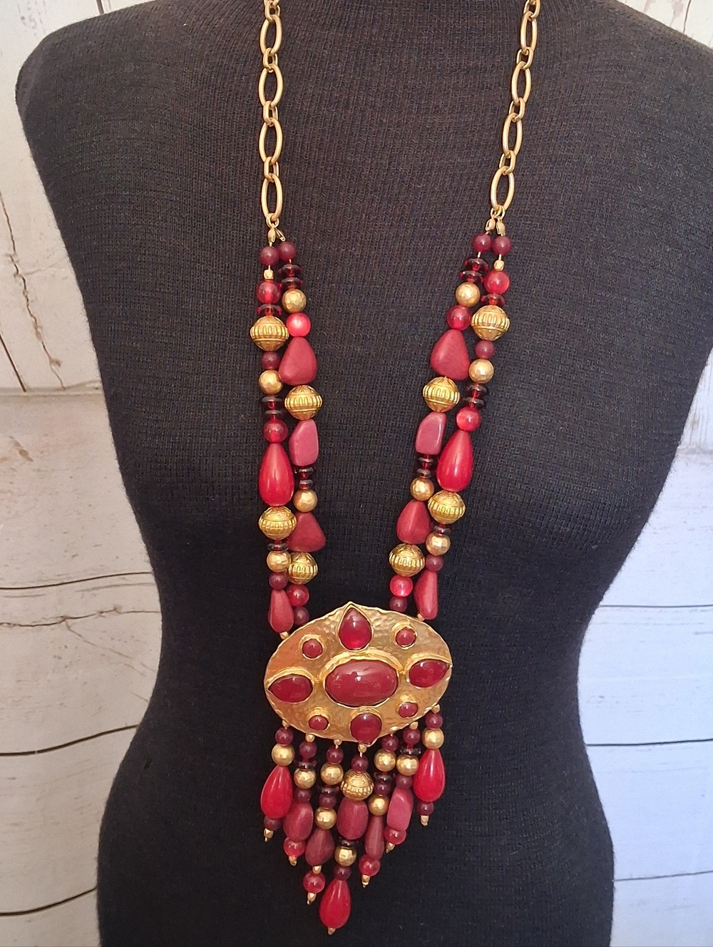 Chico's Statement Red and Gold Pendant Necklace - Women Jewelry